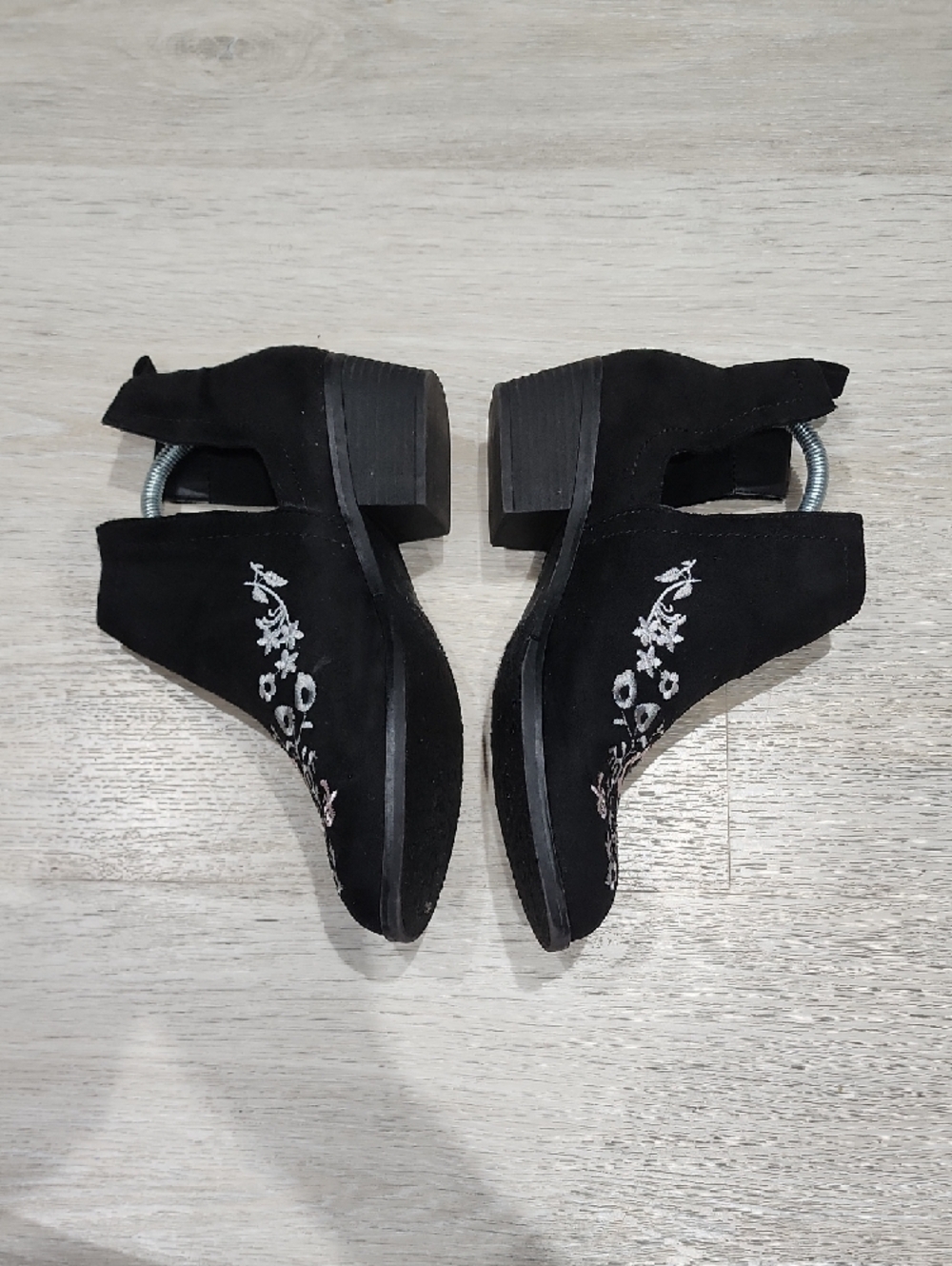 Olivia Miller Black Suede Ankle Booties with Pink & Silver Floral Embroidery 10 - Picture 5 of 8